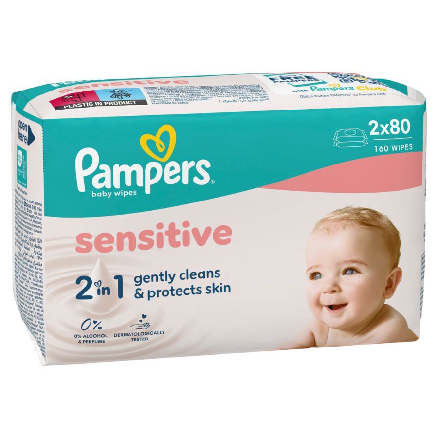 Pampers Sensitive Fragrance Free Бебешки мокри кърпички 2x80 бр